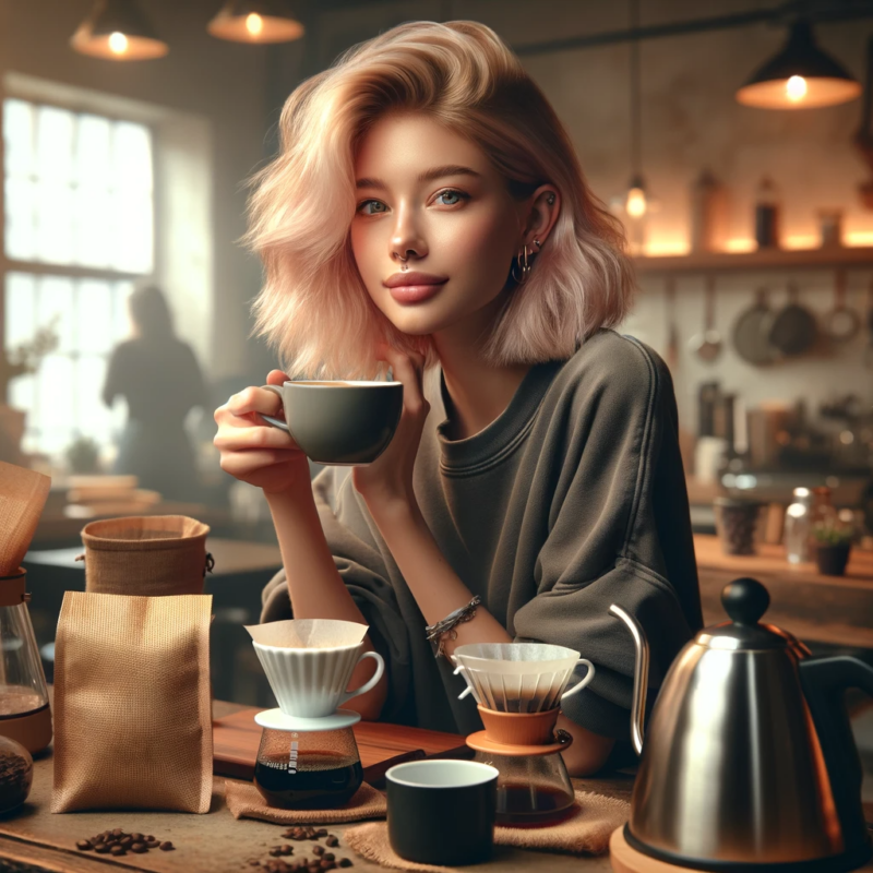 Coffee Coffee DALL·E 2023 12 14 15.00.54 A young woman with slightly pink hair enjoying a cup of specialty filter coffee. Shes sitting at a cozy cafe surrounded by an array of coffee brewin