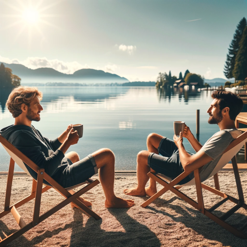Coffee Coffee DALL·E 2023 12 03 19.03.00 A relaxed scene of two friends chilling by the Coffee lake savoring coffee. They are lounging comfortably in beach chairs surrounded by a serene l
