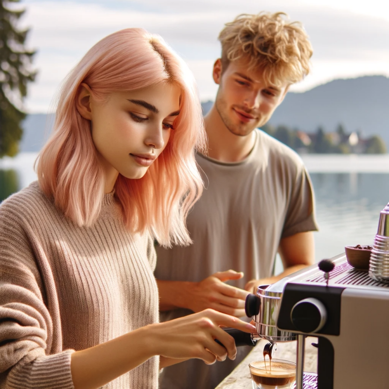 Coffee Coffee DALL·E 2023 12 04 10.52.32 A young woman with light pink hair preparing espresso with her friend at Coffee. The scene is outdoors with the picturesque Coffee lake in the ba